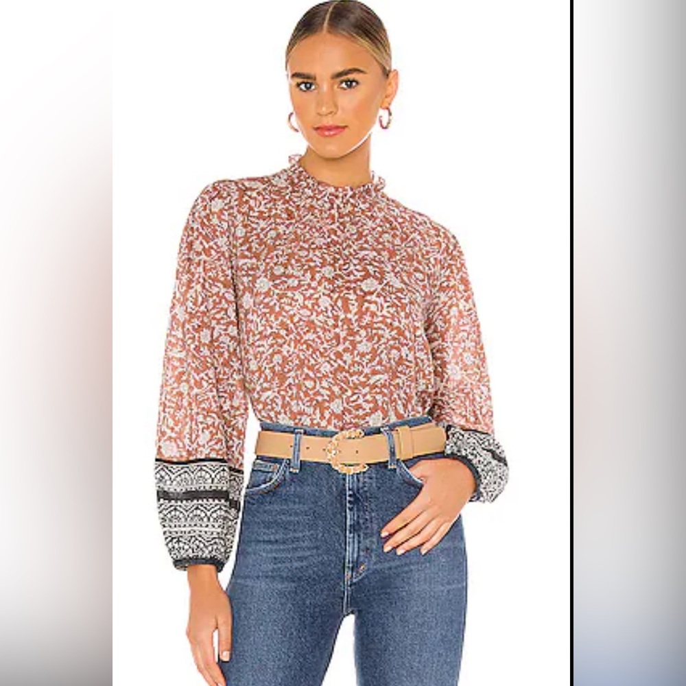 Cleobella Cotton Rust Brown Print Billowy sleeves blouse size Small
